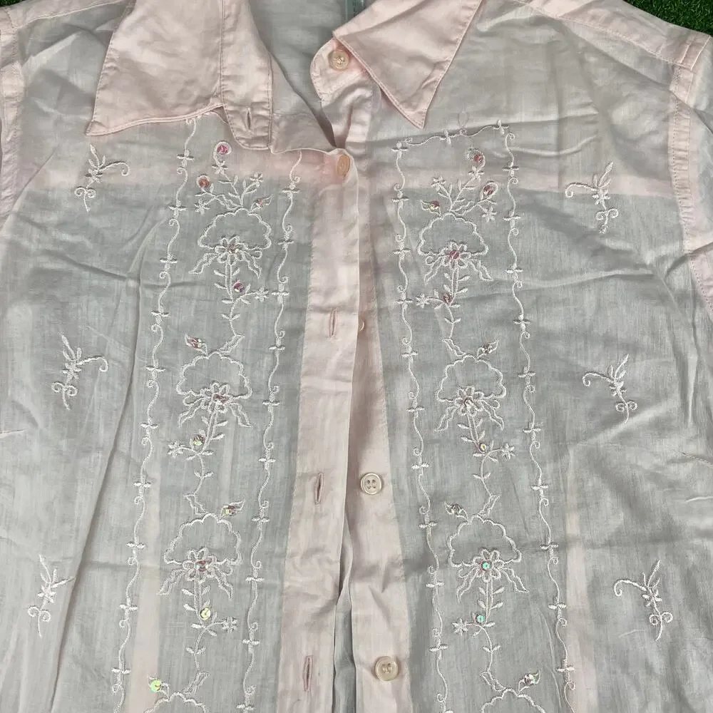 Lavender Star Pink Embroidered Long Sleeve Boho Sheer Button Up Shirt Sz L - Picture 3 of 6